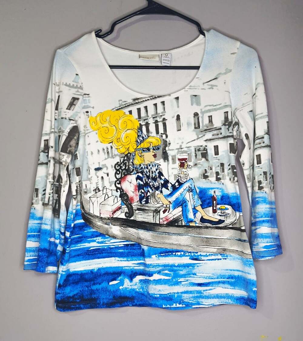 Chico's Women's Size 0 Multicolor Graphic Print Scoop Neck 3/4 Sleeve Knit Top